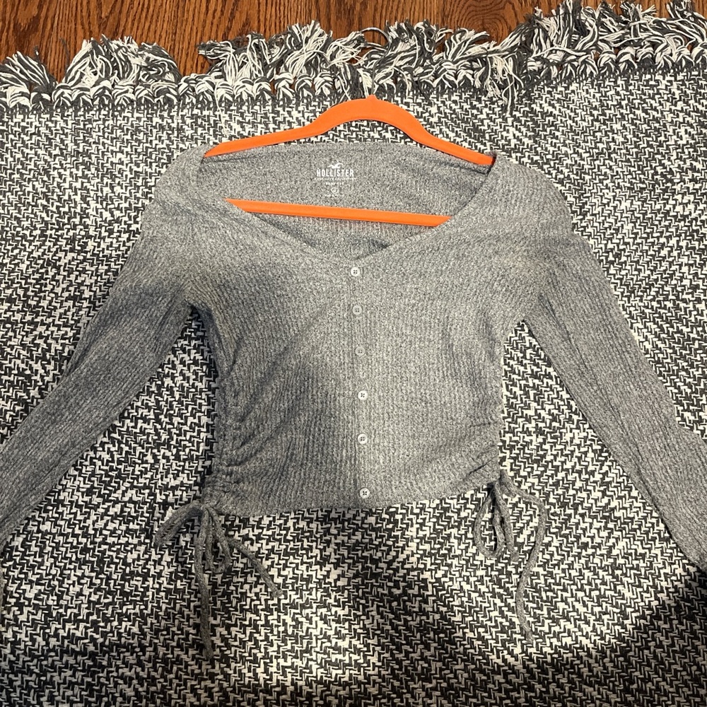 gray hollister long sleeve with button up and tie details